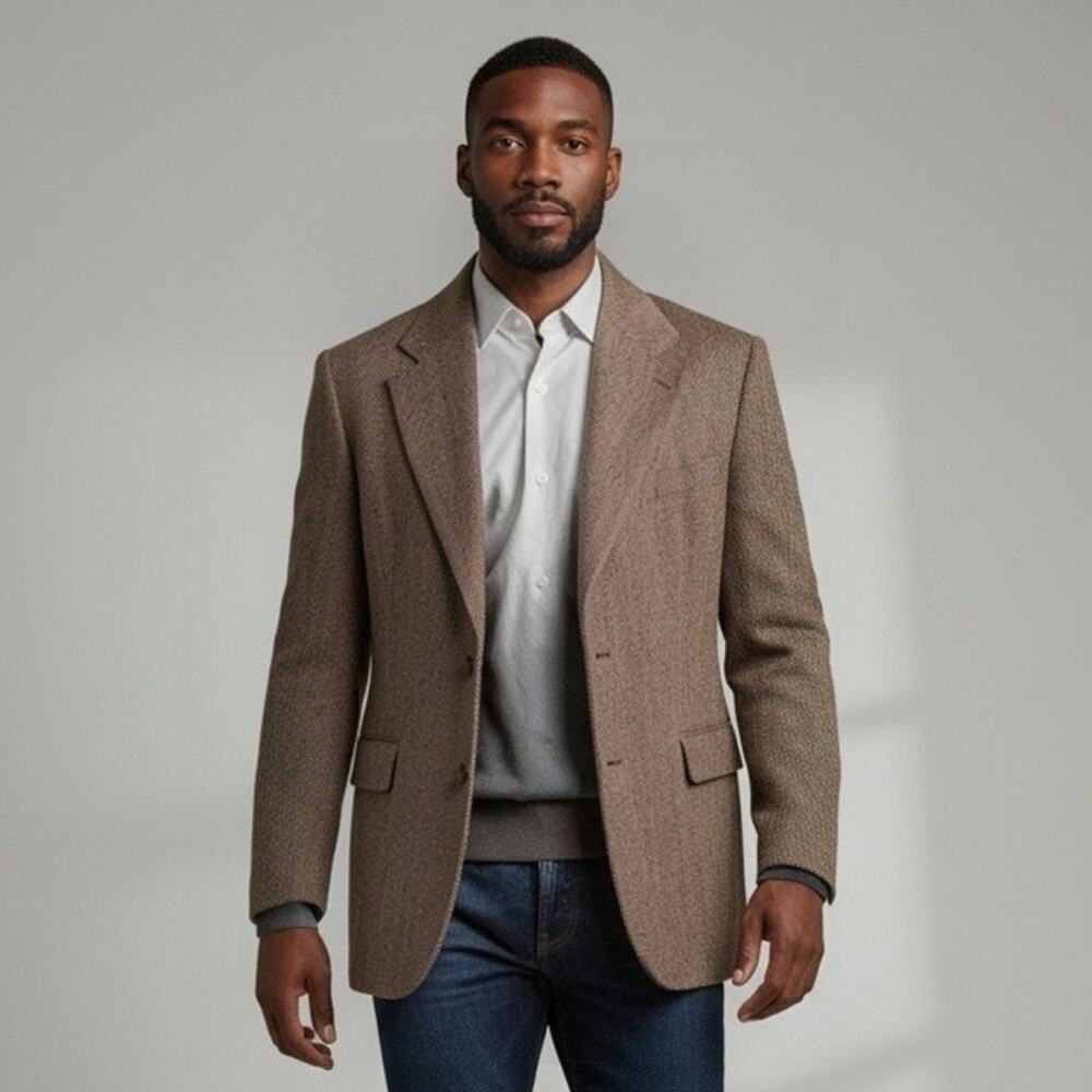 VTG Baskin Harris Tweed Sport Coat Blazer Mens S Brown Herringbone Notch Lapel